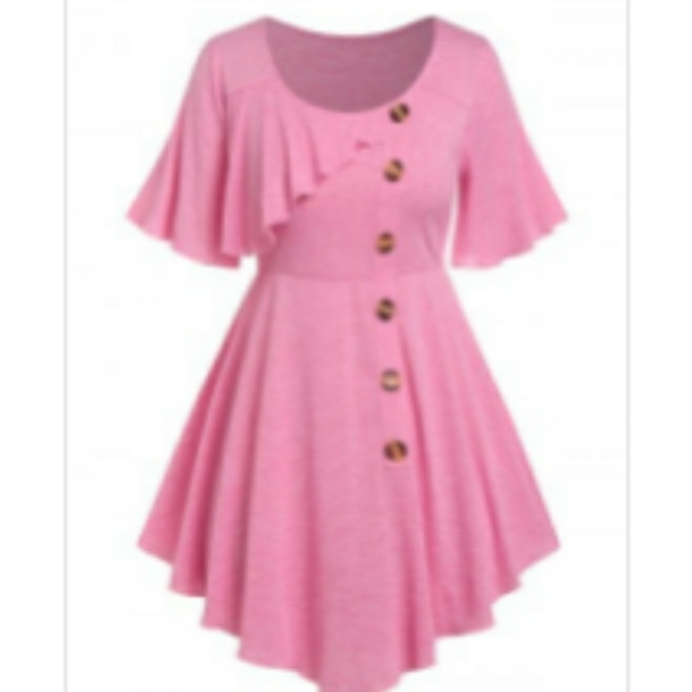 Pink ruffled faux button down handkerchief hem top